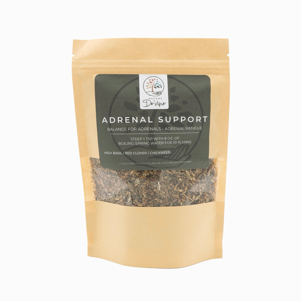 Tea package labeled 'Adrenal Support' on a white background