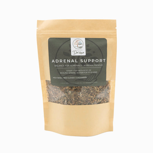 Tea package labeled 'Adrenal Support' on a white background