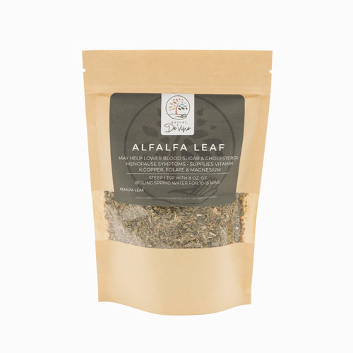 Package of alfalfa leaf tea with visible brand label on a white background