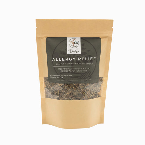 Tea package labeled 'Allergy Relief' on a white background