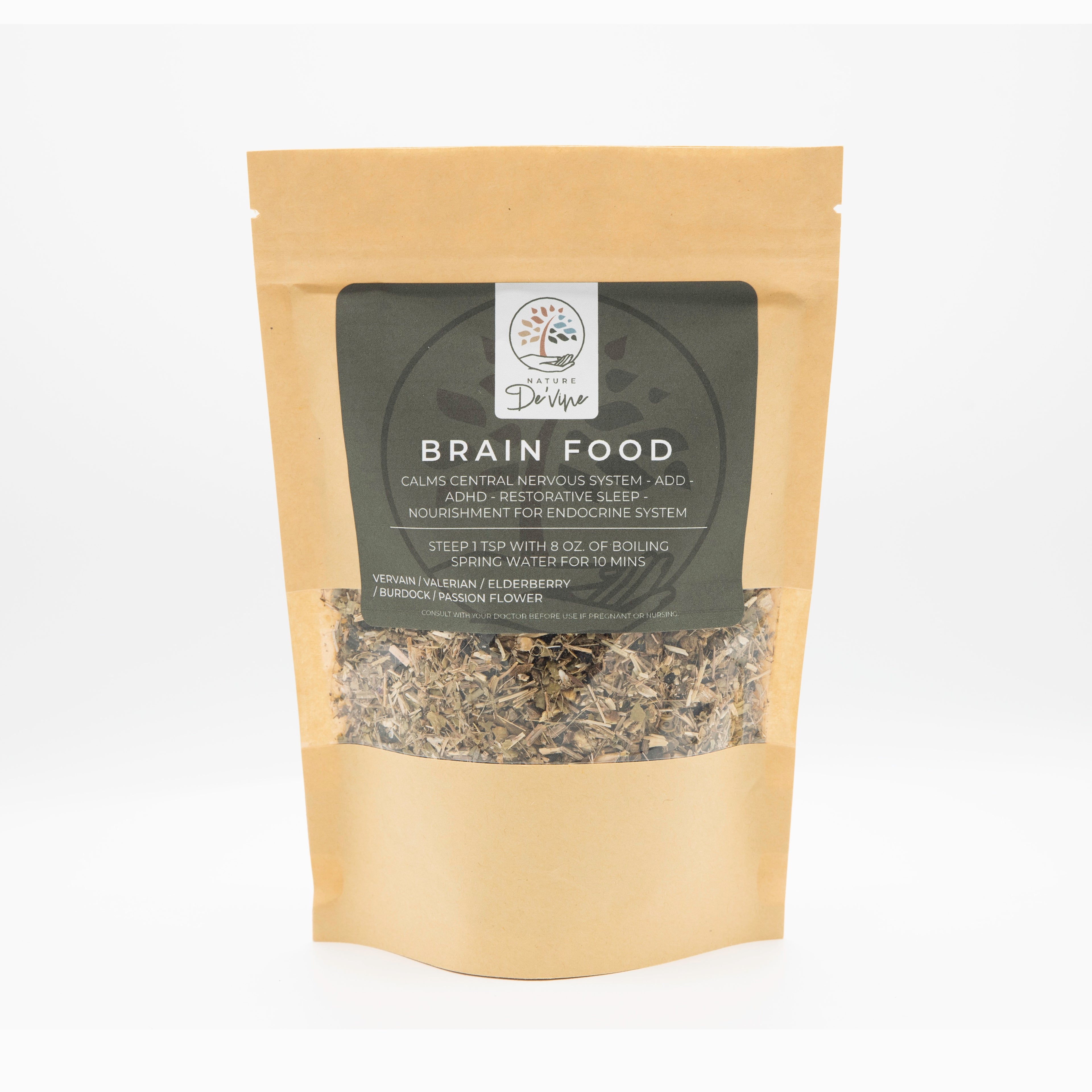 Package of 'Brain Food' with a label on a white background