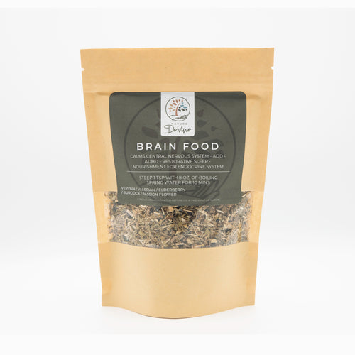 Package of 'Brain Food' with a label on a white background