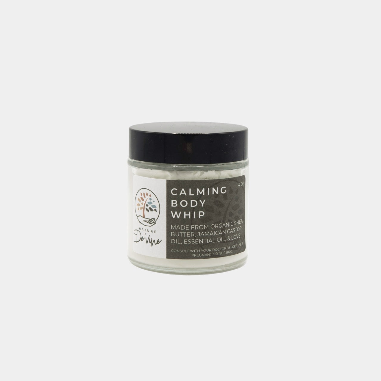 Jar of calming body whip with a black lid on a white background