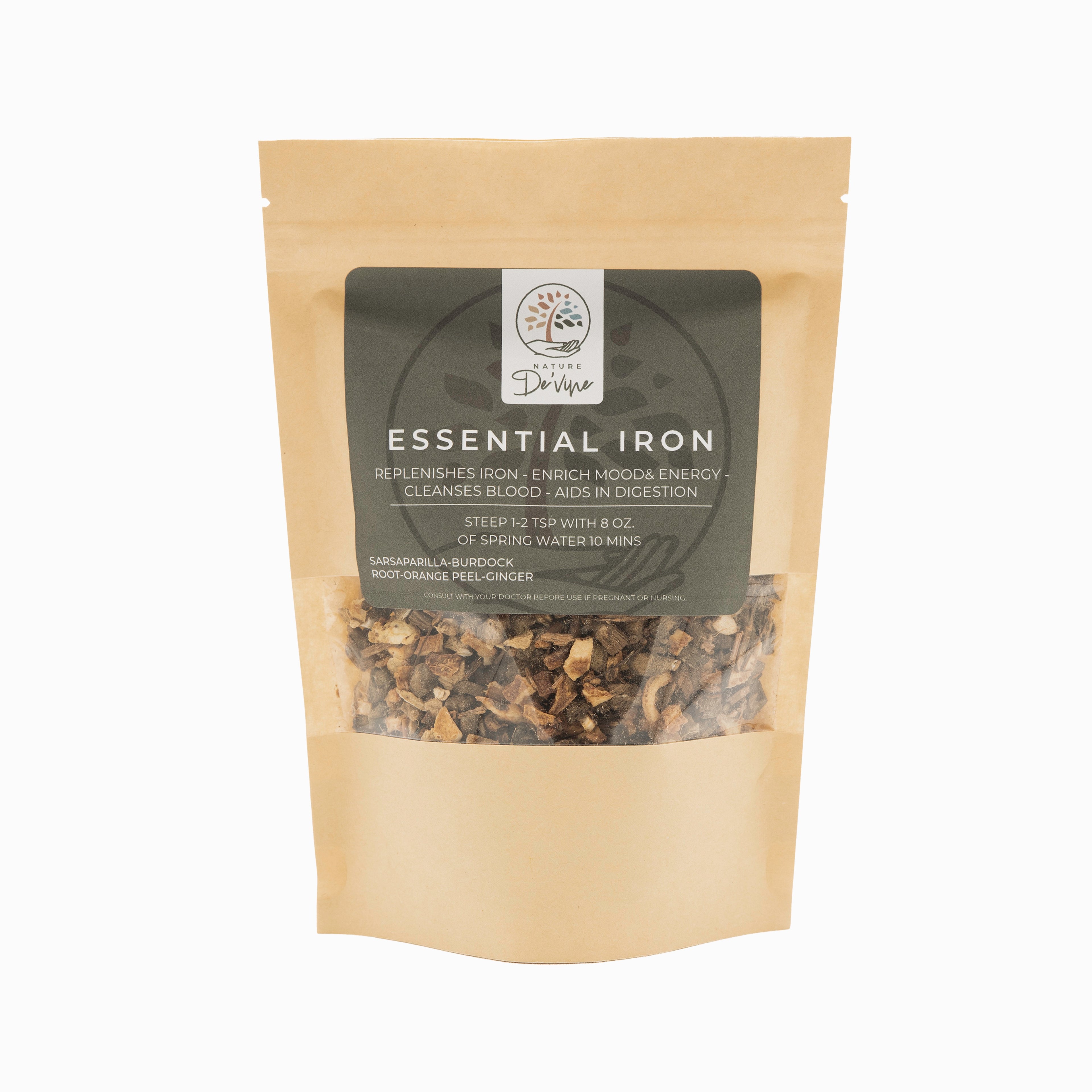 Tea package labeled 'Essential Iron' with a beige exterior and black label on a white background.