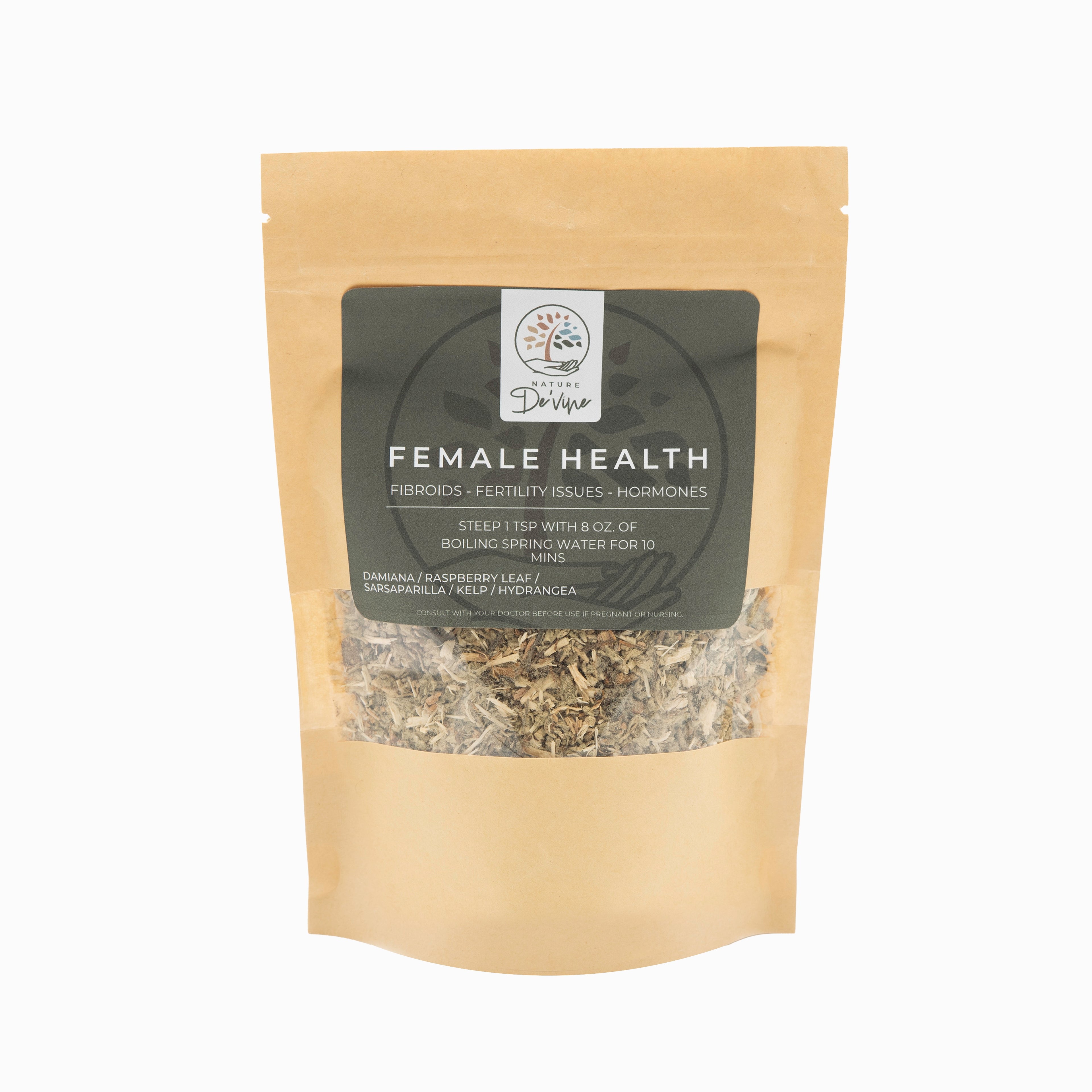 Bag labeled Female Health tea with visible loose leaf tea on a white background