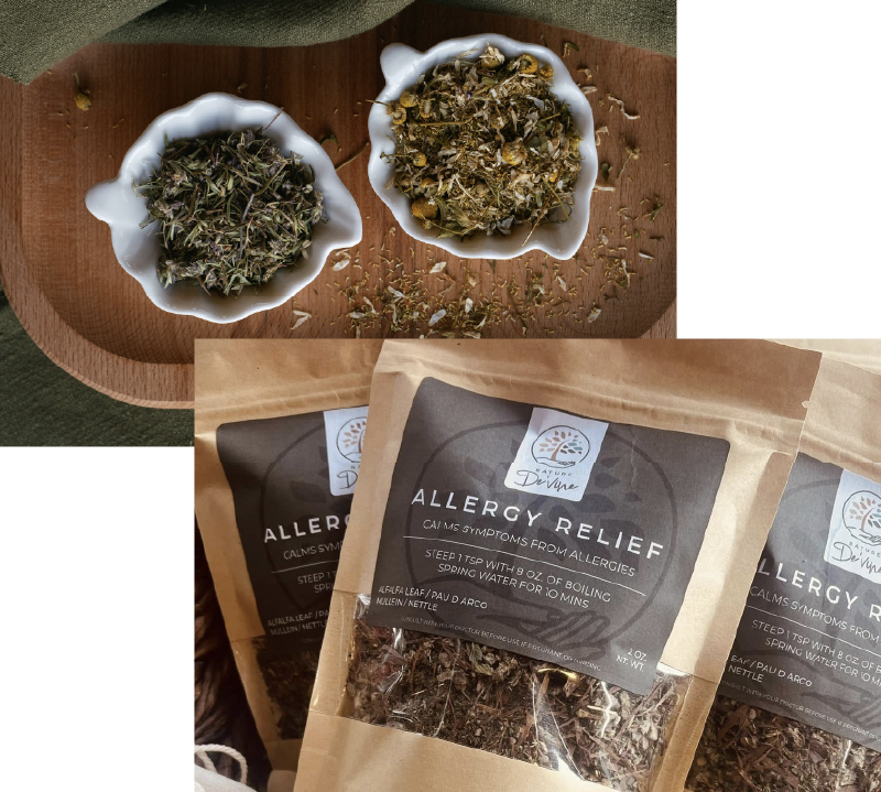Two small white bowls of loose herbal tea on a wooden board alongside three brown kraft bags labeled ‘Allergy Relief.’