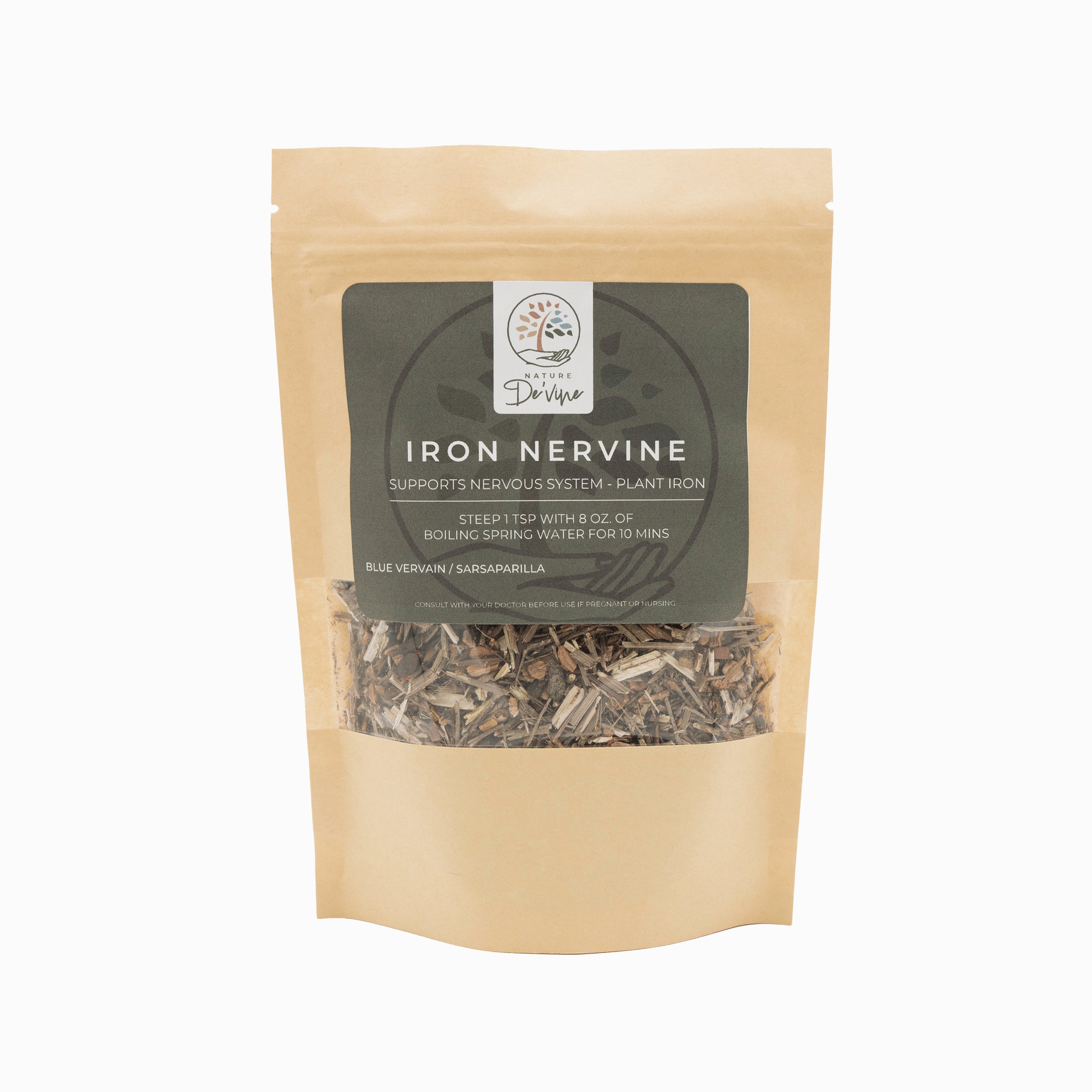 Package of Iron Nervine tea with a beige exterior and black label on a white background