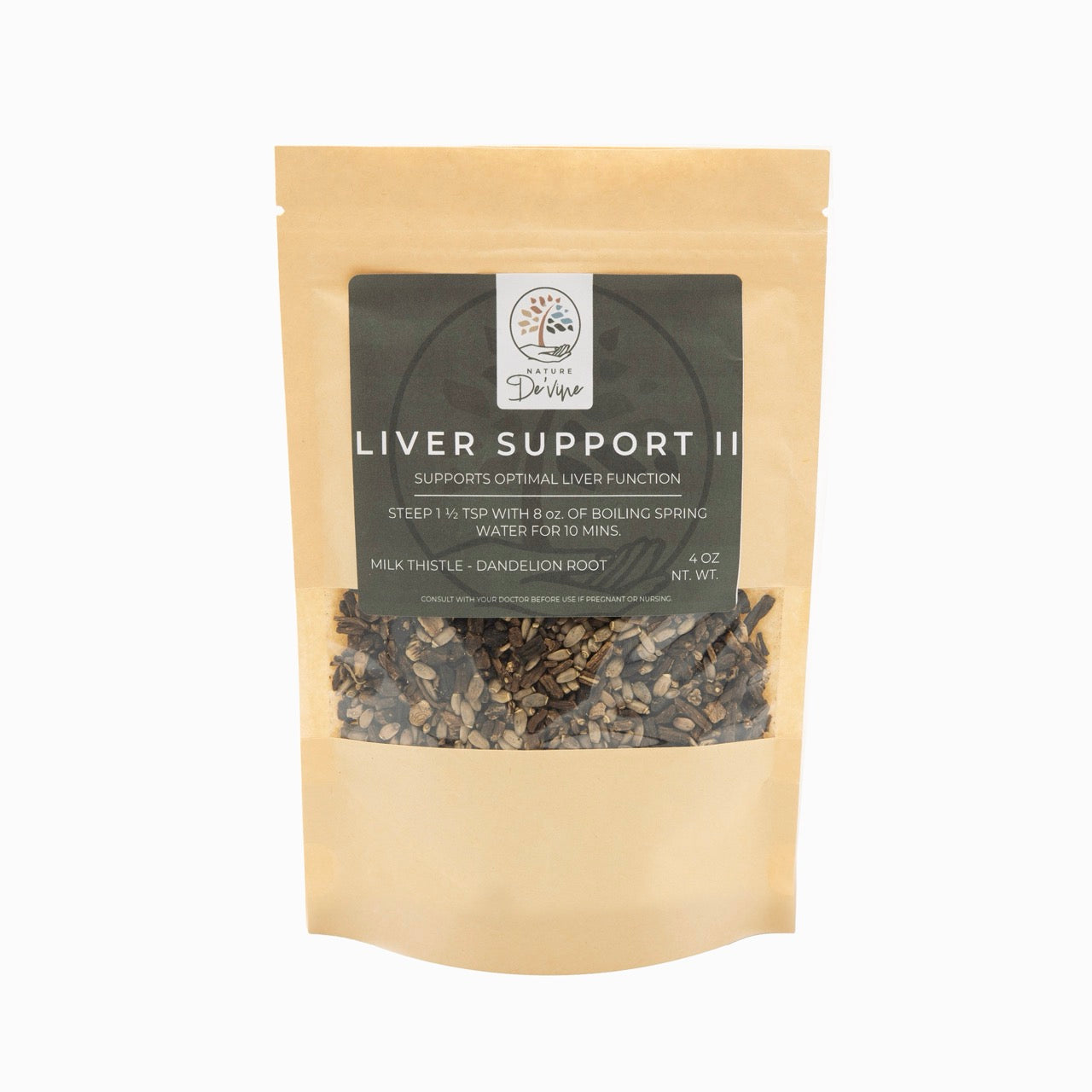 Tea package labeled 'Liver Support II' with visible herbs on a white background