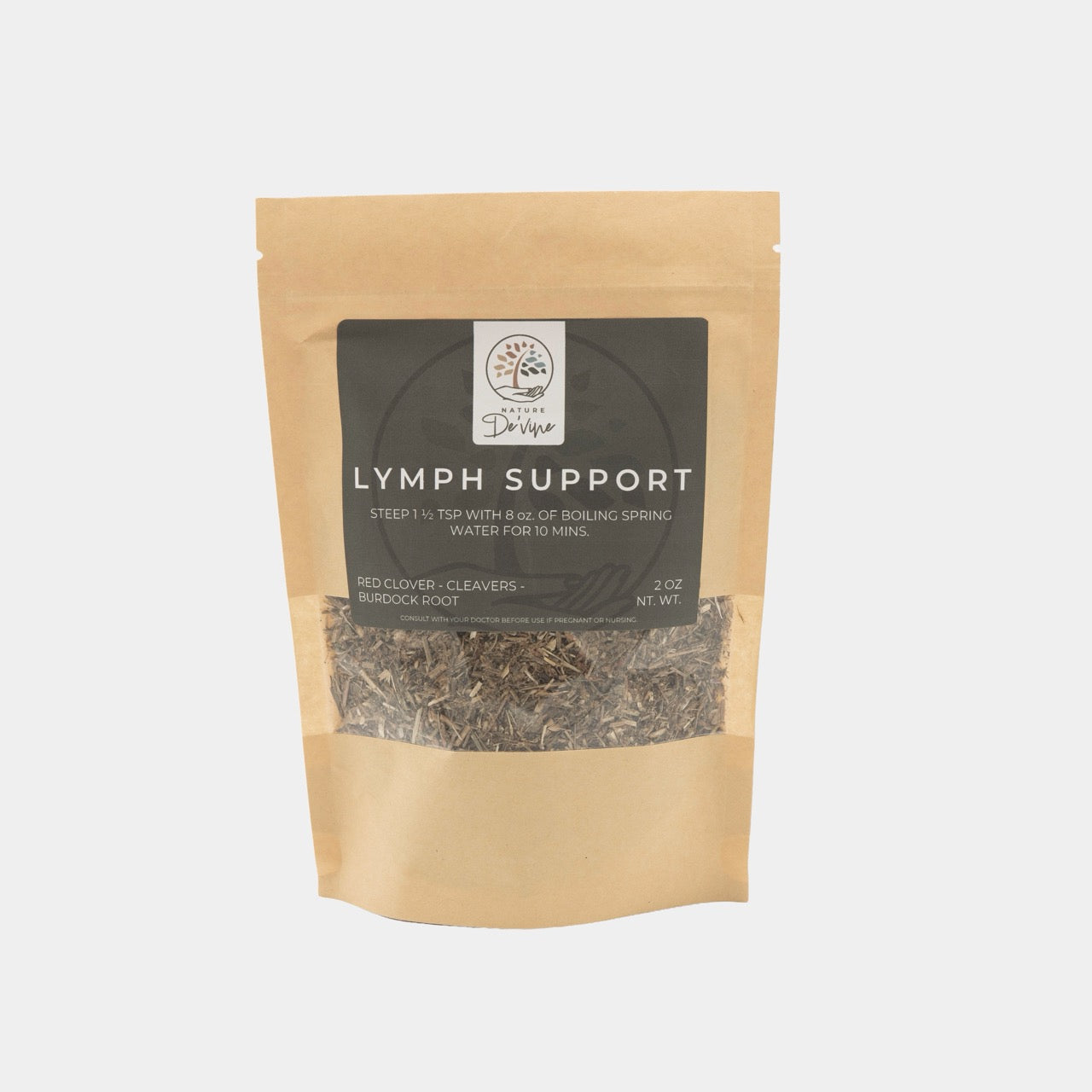 Tea package labeled 'Lymph Support' on a light gray background