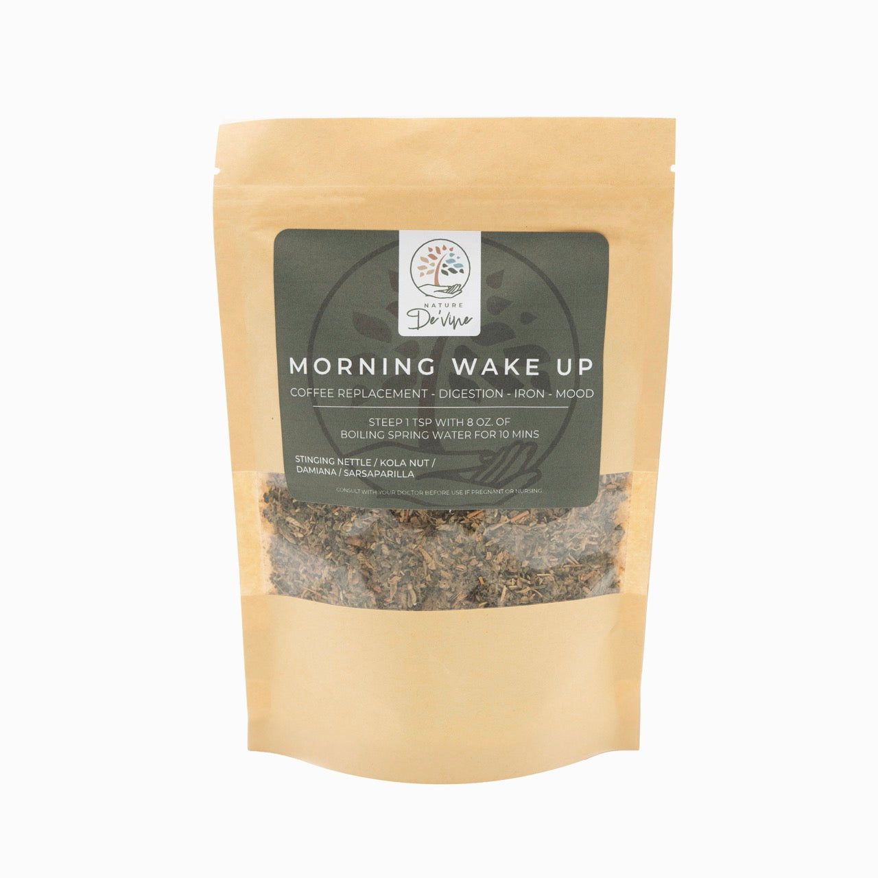 Tea package labeled 'Morning Wake Up' on a white background
