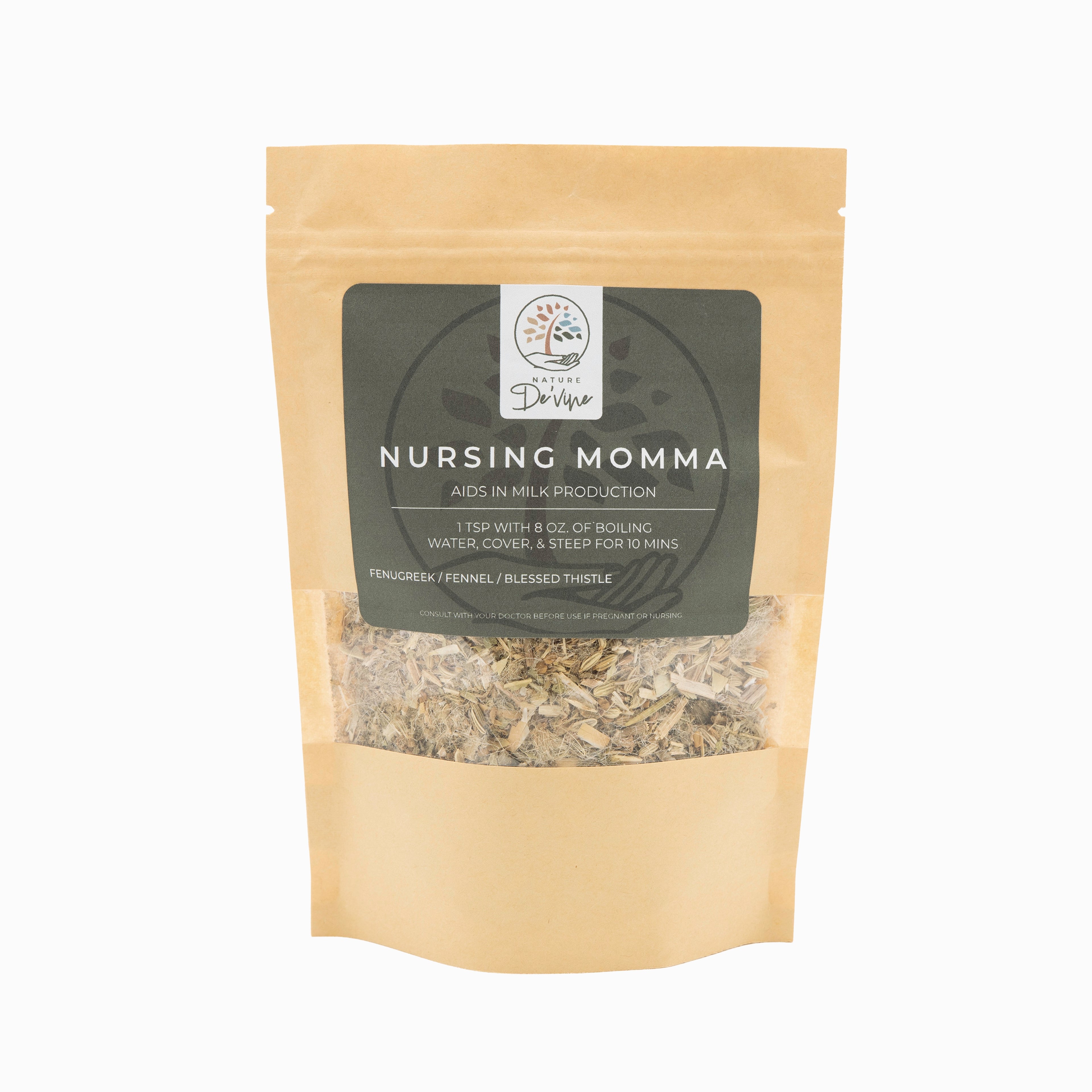 Package of 'Nursing Momma' herbal blend with visible loose leafe inside on a white background