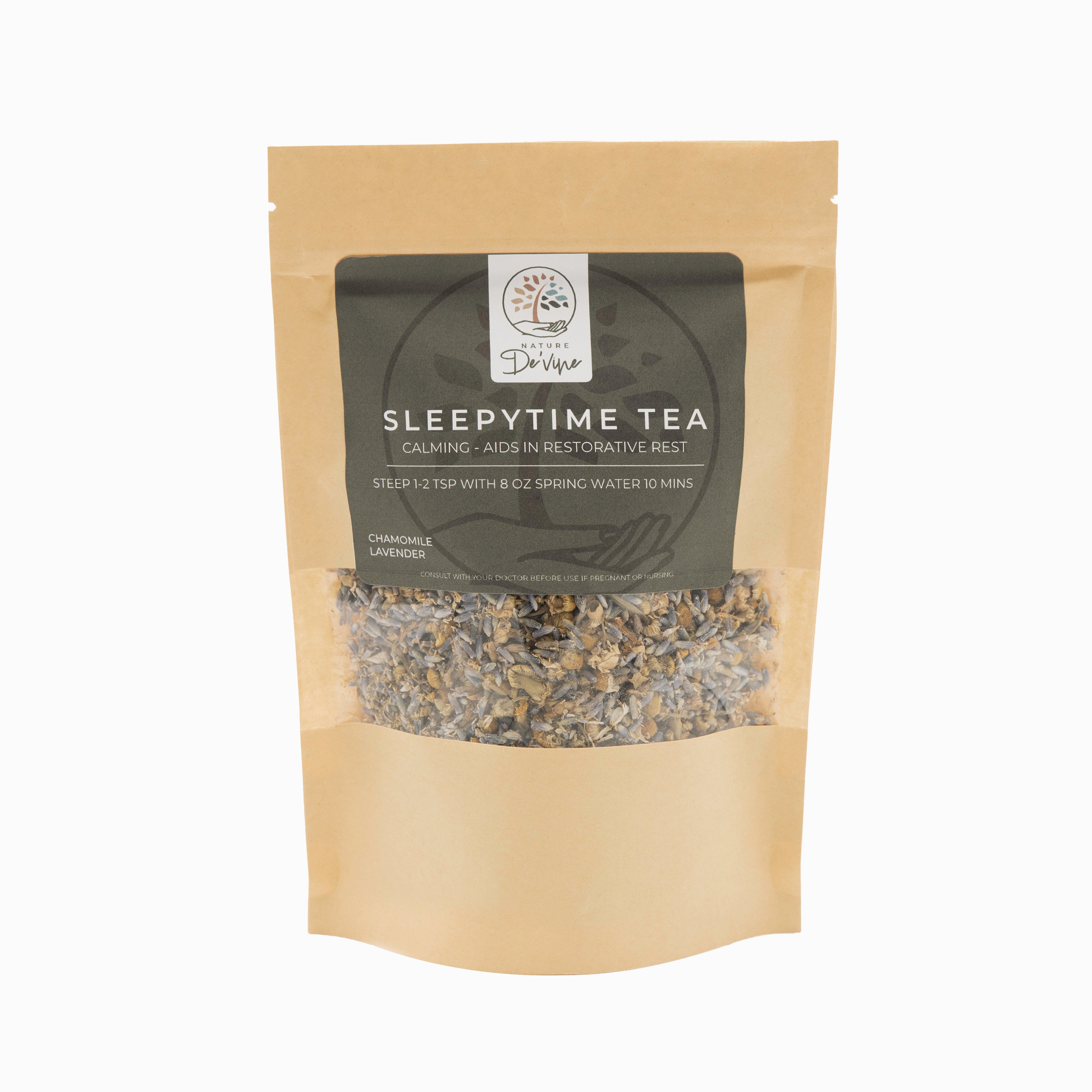 Sleepytime tea package with visible herbs on a white background