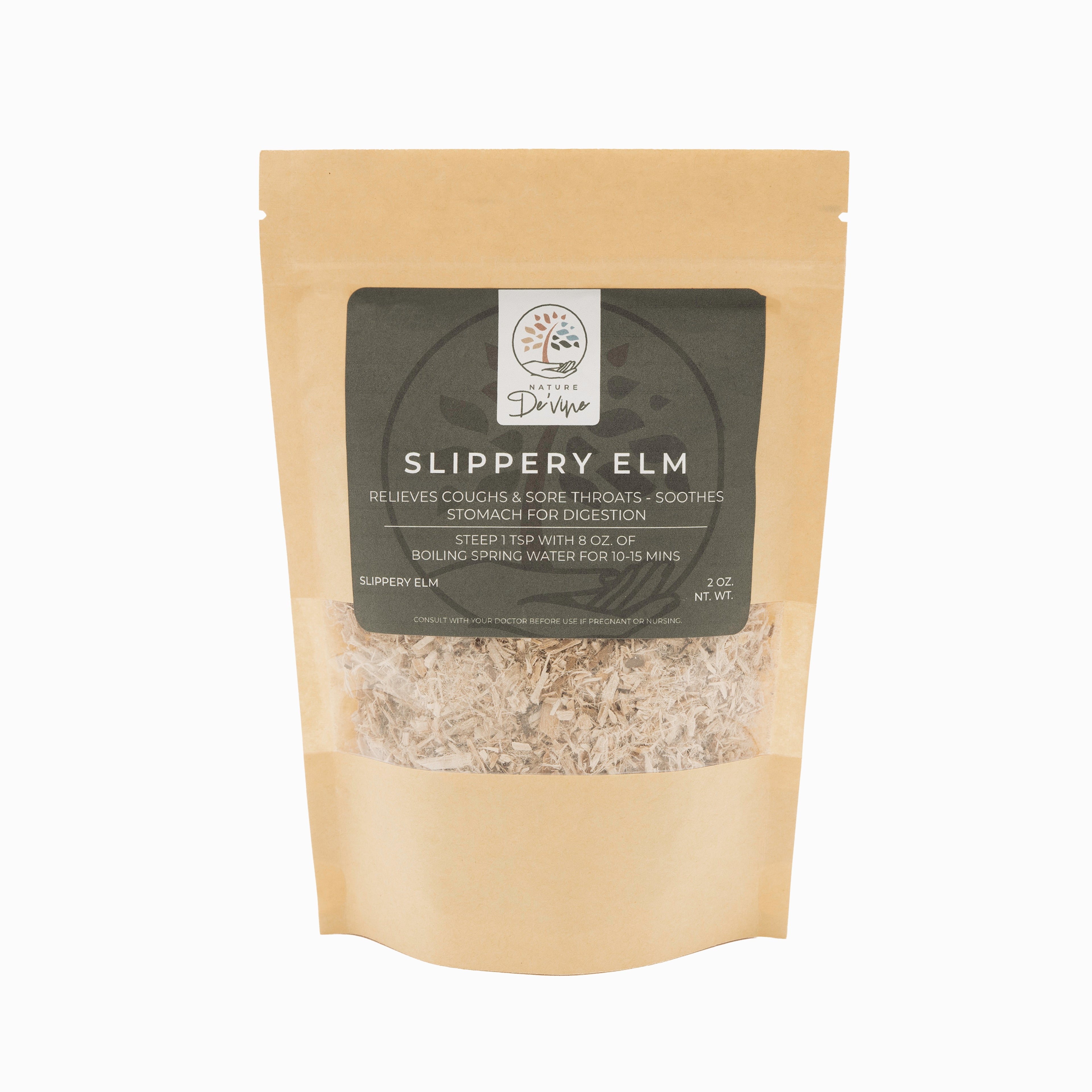 Package of Slippery Elm tea with a label on a white background