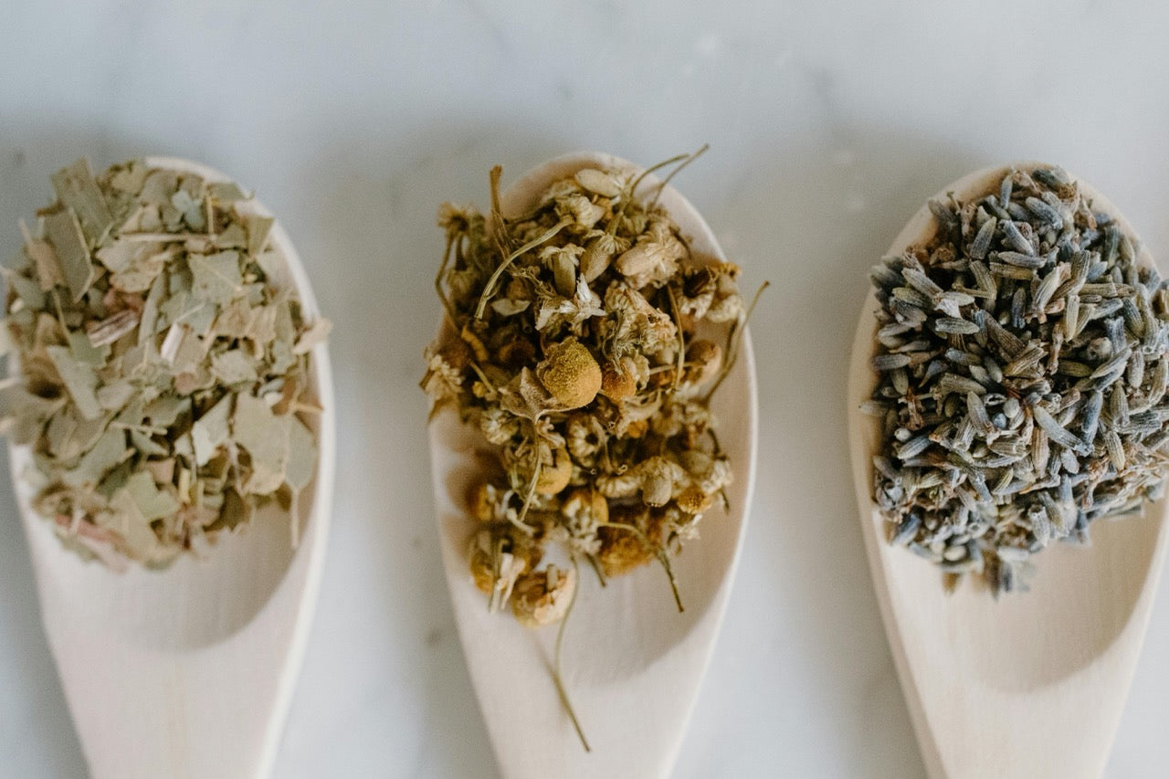 Loose leaf teas on wooden spoons with white background